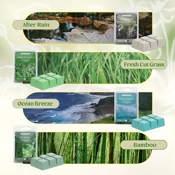 ARVIDSSON Spring Scented Wax Melts, Natural Soy Wax Cubes for Wax Warmer, Strong Scent Fragrance Wax Tarts, Candle Melts Gift Set - After Rain, Fresh Cut Grass, Ocean Breeze, Gardenia and More
