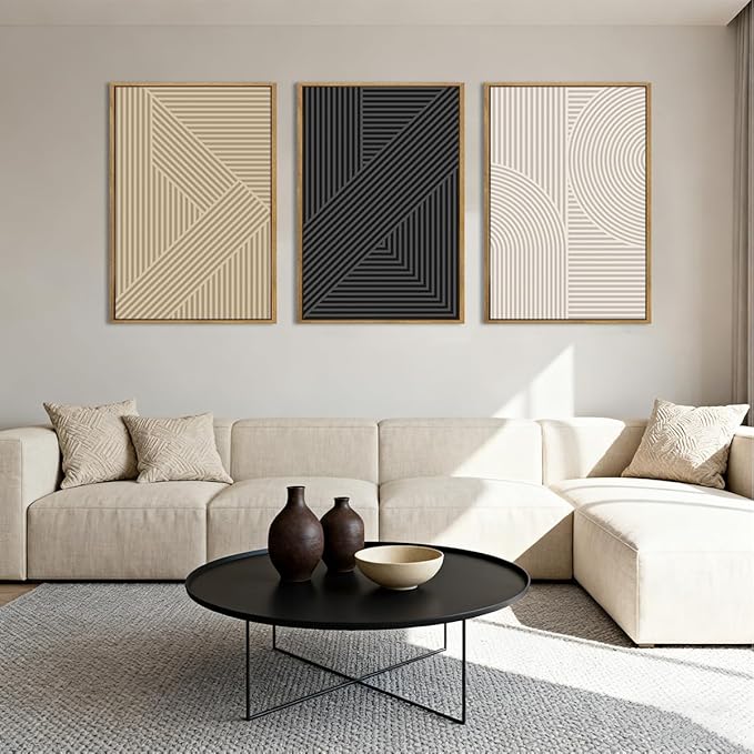 BINCUE Neutral Abstract Wall Art Mid Century Modern Wall Paintings Boho Artwork Geometric Wall Pictures Abstract Black Wall Decor Modern Neutral Art Prints for Living Room Bedroom Bathroom Office 16x24 Inch 3 Piece