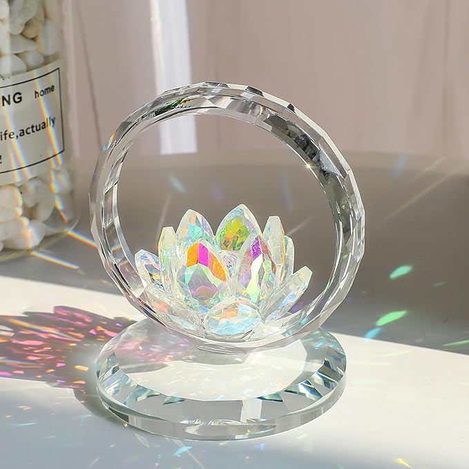 LONGWIN Crystal Lotus Flower Basket Figurine Collectible Glass Flowers Art Decor Reflection Feng Shui Decorative Ornaments for Living Room Bedroom Office AB - Coated