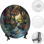 Stained Glass Theme Decorative Ceramic Plate Round Porcelain Plate,10 inch,Sunrise Forest Stream Pattern,for Decorative Ornaments Giving Plates, 1 Plate with 1 Display Stand,Green Gold