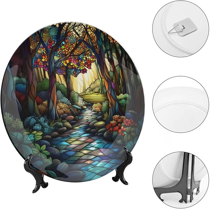Stained Glass Theme Decorative Ceramic Plate Round Porcelain Plate,10 inch,Sunrise Forest Stream Pattern,for Decorative Ornaments Giving Plates, 1 Plate with 1 Display Stand,Green Gold