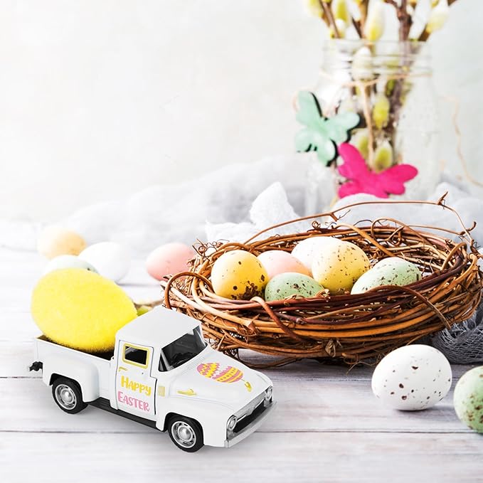 Easter Metal Truck with Yellow Eggs Easter Party Decors Easters Gifts Basket Stuffers Farmhouse Vintage White Metal Truck Decor Vintage Collectible Car for Desk Bookshelf
