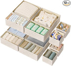 12 Pack Drawer Organizer for Baby Clothes, Linen Fabric Nursery Organizer for Baby Diaper, Collapsible Deep Fabric Drawer Organizer with Zipper for Socks, Bra, Towels, Ties, Beige