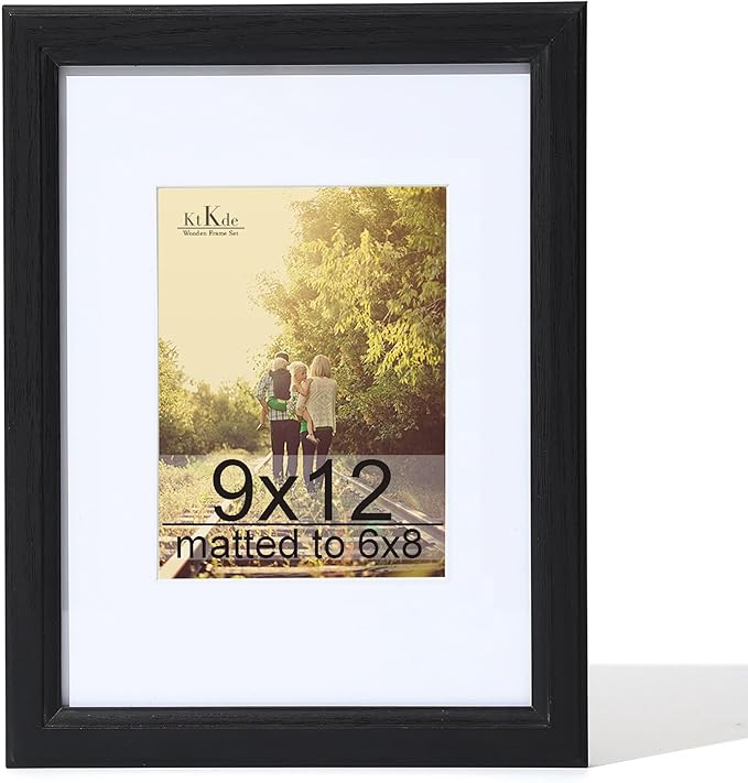 KTKDE 9x12 Wooden Picture Frame,Display Pictures 6x8 with Mat or 9 x 12 Without, Tempered Glass, 9 by 12 Black Frames Wall Gallery Photo Frames Poster Frame best gift