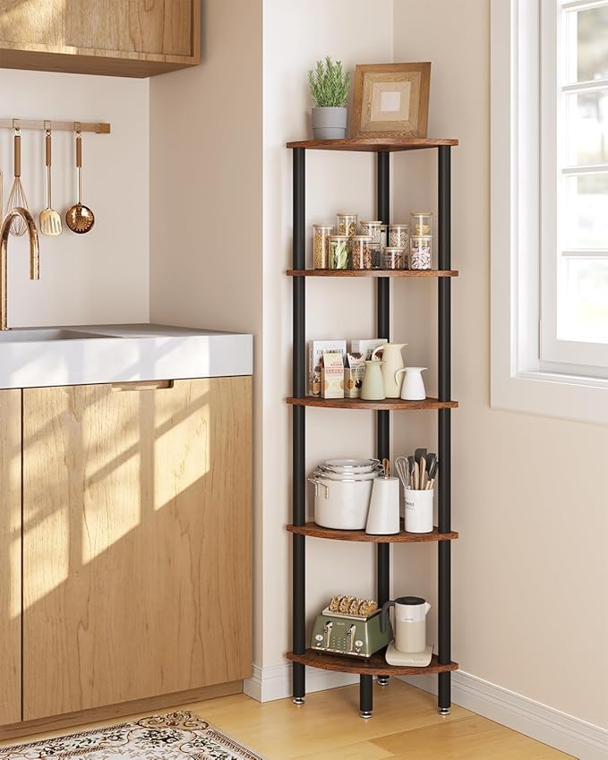 IBUYKE 5 Tier Corner Shelf Stand,Industrial Corner Display Rack,Corner Bookshelf for Living Room, Bedroom, Kitchen, Home Office, Brown WBC010H
