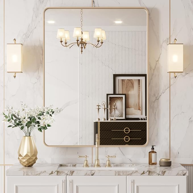 LOAAO 20”X30” Gold Bathroom Mirror, Rounded Rectangle Gold Frame Mirror, Brushed Gold Bathroom Vanity Mirror Wall-Mounted, Anti-Rust, Hangs Horizontally or Vertically