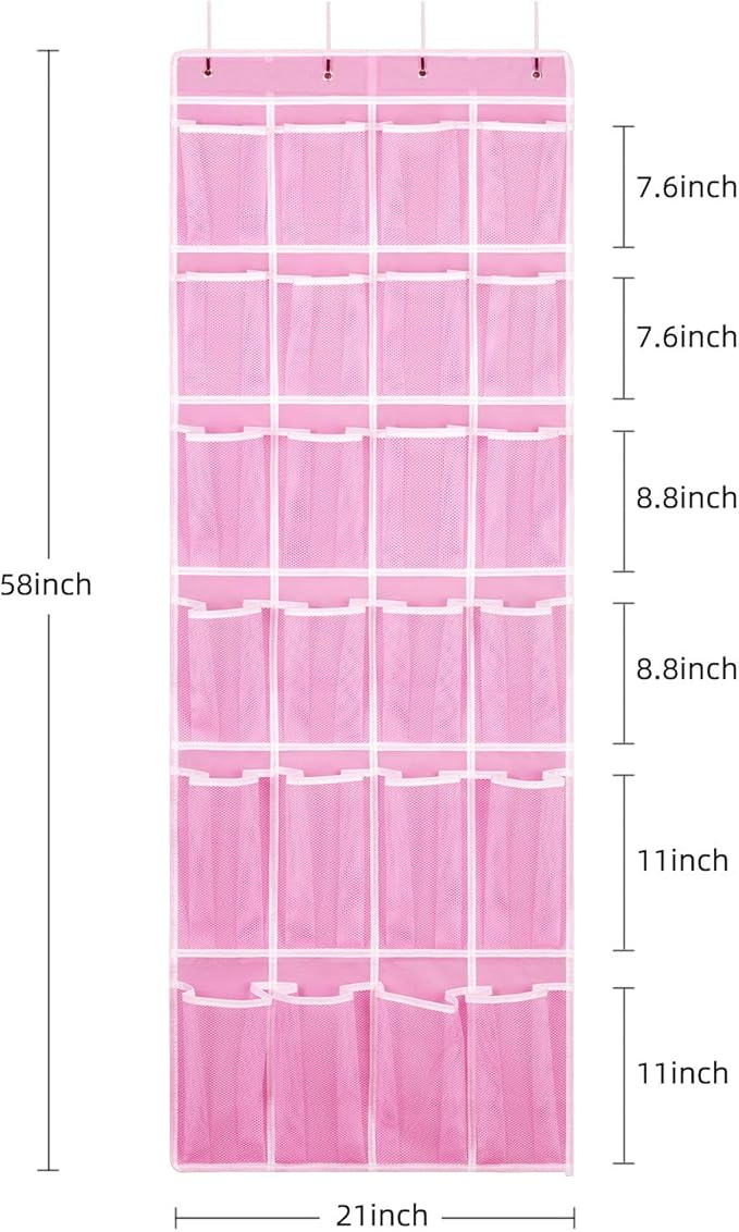 2 Pack Hanging Shoe Organizer，Over Door Shoe Organizer with 24 Mesh Large Pockets Shoe Storage Bag for Sport Shoes Size:58x21 Inch Hanging Door Shoe Rack Organizer (Pink-2pack)