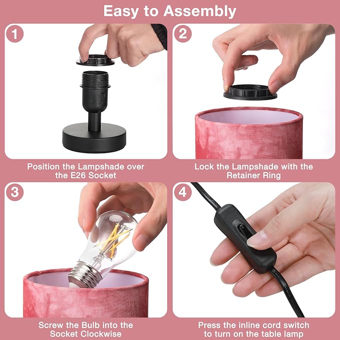 Fenmzee Small Table Lamp for Bedroom - Inline Control, Bedside Lamp with 3000K A15 LED Blub, Easy Assembly (Pink Shade - Black Base, 9" Inline Control)
