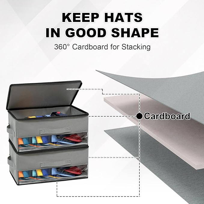 2 PCS Stackable Hat Storage for Baseball Caps, Space Saving Hat Organizer Box for Closet, with Cardboard, Clear Window Lid and 3 Handle, Each Holds 12 Hats, Grey