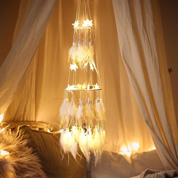 Dremisland Double Circle White Feather Dream Catcher with Mobile LED Fairy Lights Wall Hanging Ornaments Ceiling Decor for Bedroom Decor Wedding Decorations Boho Chic Party Nursery Decor