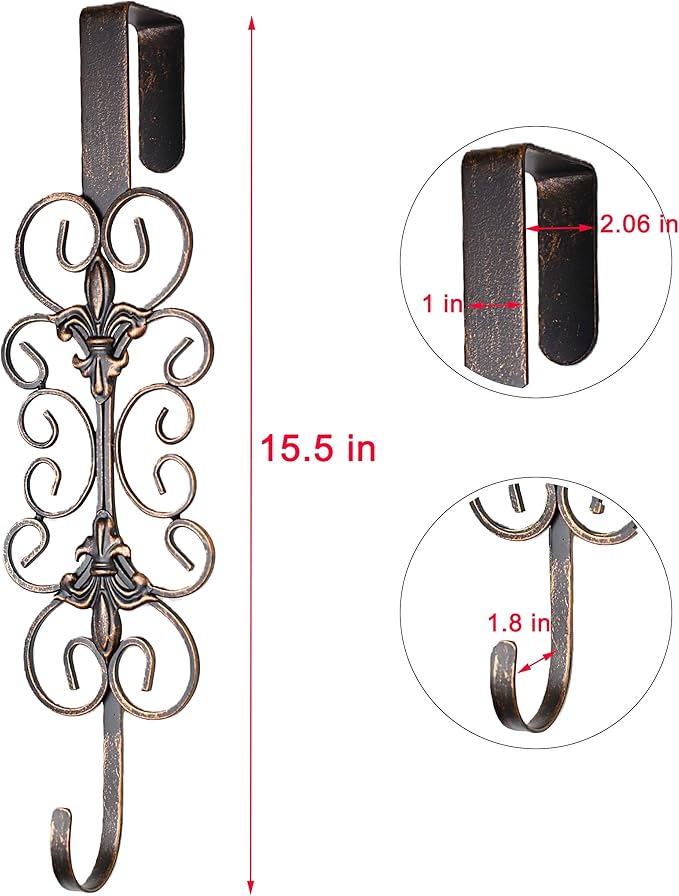 2 PCS Wreath Hangers for Front Door 15.5" Wreath Hook Over The Door, Decorative Scroll and Fleur De lis Wreath Holder,Antique Copper