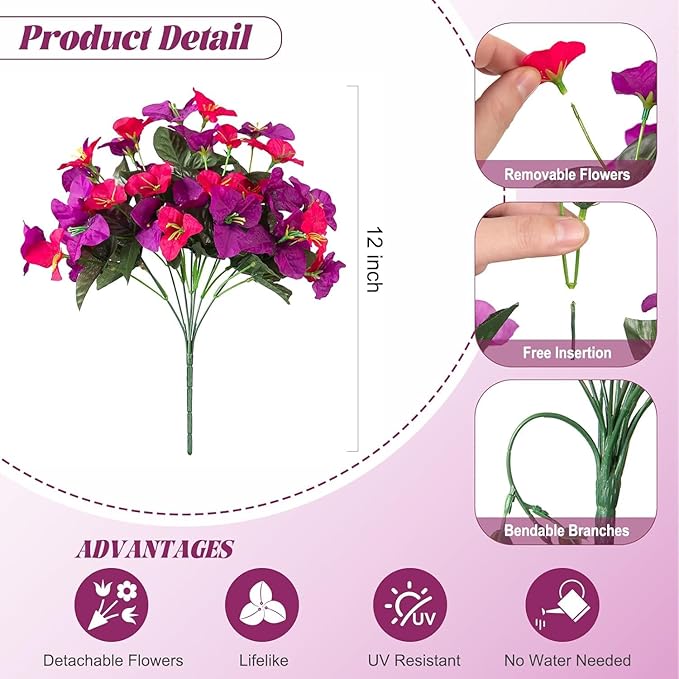 Artificial Flowers Faux Plants for Outdoors Spring Summer Decor, 6 Bundles Fake Bougainvillea Silk Flowers UV Resistant Realistic for Outside Planter Porch Patio Garden Home (Purple Fuchsia)