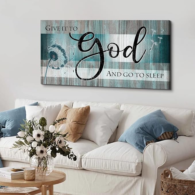 Large Christian Wall Art Bible Verses Wall Decor Give It to God and Go to Sleep Bedroom Pictures Inspirational Quote Wall Art Turquoise Teal Scripture Artwork for Living Room Home Decoration 24x48"