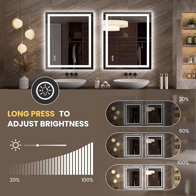LOAAO 35.4"x29.9" LED Mirror for Bathroom, Lighted Bathroom Mirror with Lights, Anti-Fog, Dimmable, Memory Function, Clear Reflection