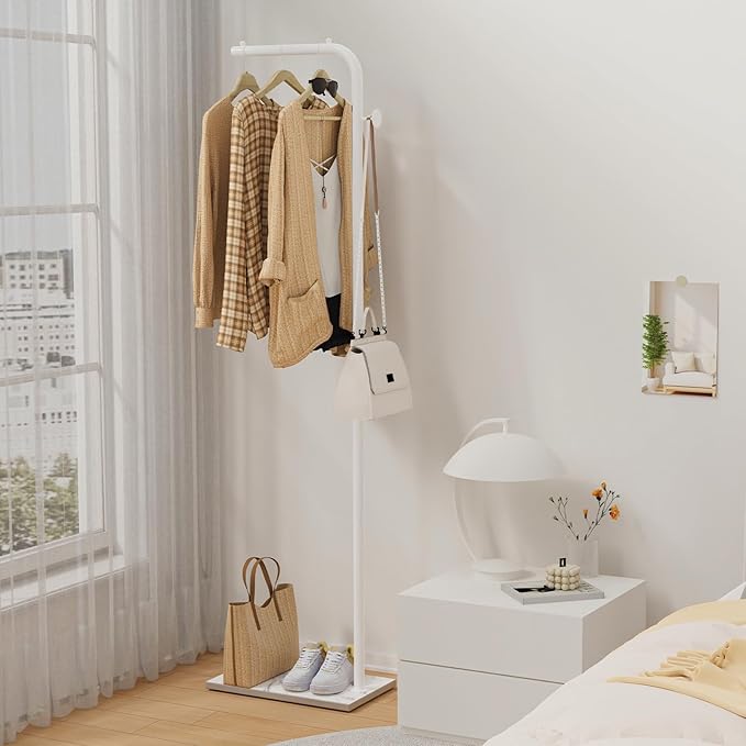OUTBROS Metal Coat Rack, Coat Tree with Rock Base,L Shaped Freestanding Hall Tree, Clothes Hanger Stand Suitable for Bedroom, Hallway, Entrance, 15.3 x 10.2 x 70.8 inch, White
