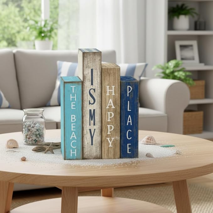 Lineshading 4 Pcs Summer Table Decoration Wooden Book Coastal Beach Decoration Blue and White Summer Tiered Tray Decor Wood Book Signs Farmhouse for Ocean Party Home Shelf Coffee Table