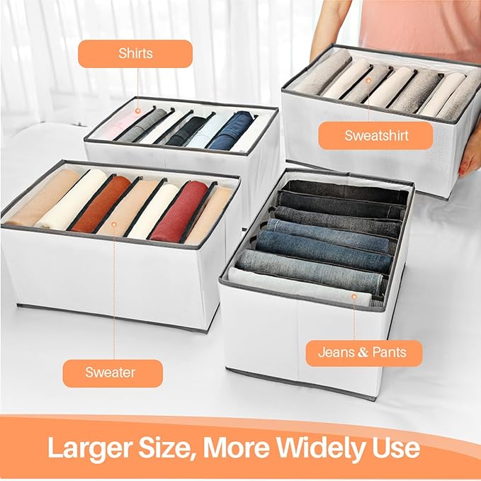 4 Pack Wardrobe Closet Organizer and Storage for Clothes - 7 Grids Foldable Drawer Dividers Organizers for Jeans | Pants | Shirts | Leggings, Stackable Clothing Bins for Closets Organization