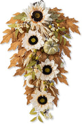 Glitzhome Fall Teardrop Swags for Front Door, 28''H Autumn Swag with Neutral Sunflower, Pumpkin and Leaf, Fall Swags for Front Door, Thanksgiving Harvest Festivals Decor