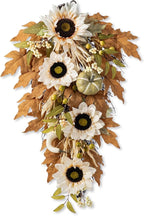 Glitzhome Fall Teardrop Swags for Front Door, 28''H Autumn Swag with Neutral Sunflower, Pumpkin and Leaf, Fall Swags for Front Door, Thanksgiving Harvest Festivals Decor