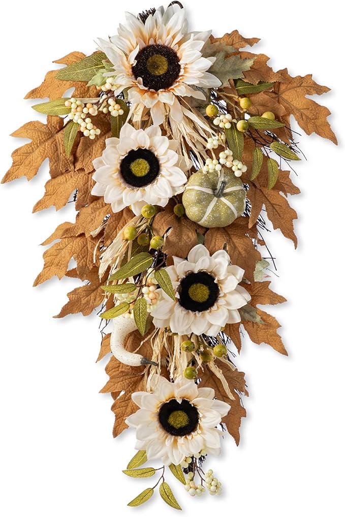 Glitzhome Fall Teardrop Swags for Front Door, 28''H Autumn Swag with Neutral Sunflower, Pumpkin and Leaf, Fall Swags for Front Door, Thanksgiving Harvest Festivals Decor