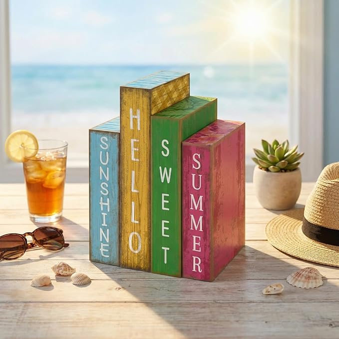 Lineshading 4 Pcs Summer Table Decoration Wooden Book Hawaii Beach Decoration Blue Yellow and Red Summer Tiered Tray Decor Wood Book Sign Farmhouse for Hawaii Party Home Shelf Coffee Table