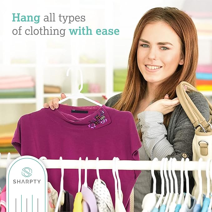 Sharpty Plastic Clothes Hangers - Adult Plastic Hanger - Clothing Hangers - Standard Hangers for Clothes - Space Saving Hangers - Ideal for Shirt, Dresses, Coat Hangers (60-Pack, White)