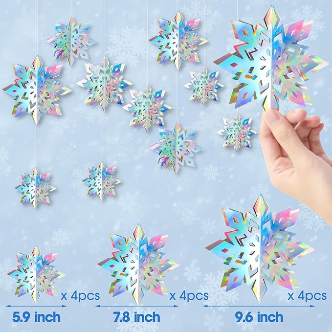 12Pcs Winter Snowflake Ornaments - 3D Large Iridescent Hanging Snowflakes Decorations, Paper Snowflake Garland with 3 Size for Winter Wonderland Frozen Christmas Party Decorations Holiday Home Indoor