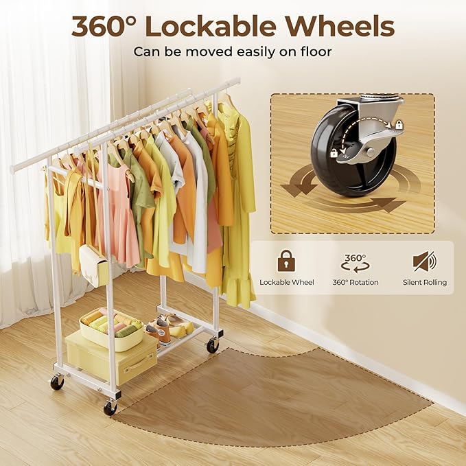Double Rods Clothes Rack, Rolling Clothing Rack for Hanging Clothes Portable Wardrobe Rack, Metal Garment Rack Sturdy Coat Rack for Bedroom Laundry Living Room, White