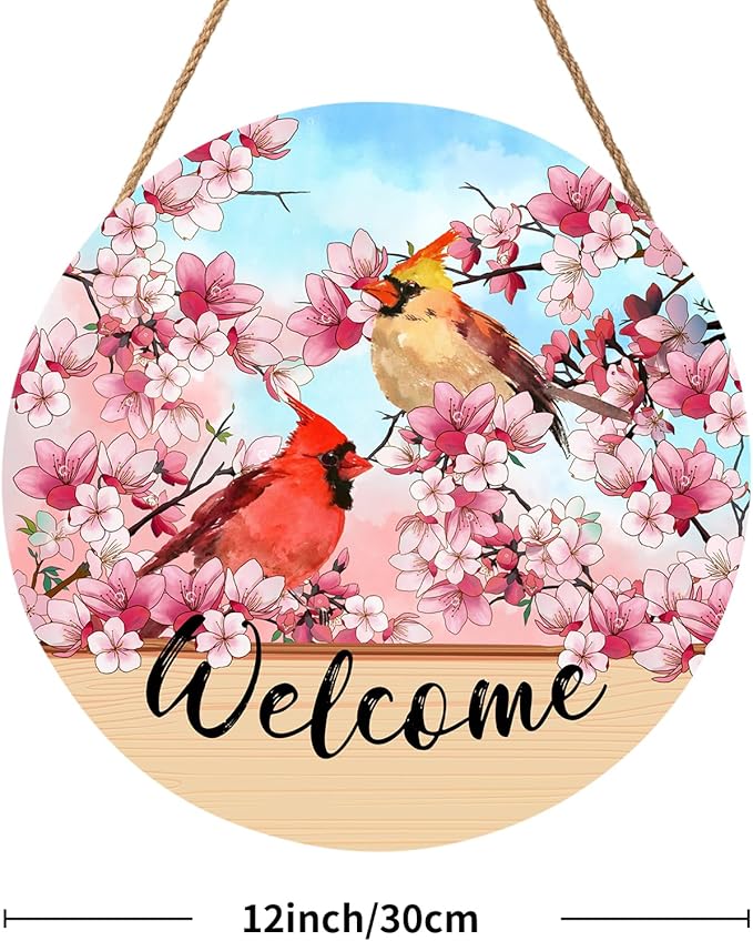 Welcome Spring Summer Cardinal Birds Front Door Sign 12"x12" Pink Blossoming Flower Floral Wood Door Hanger for Outdoor Outside Porch Decor Farmhouse Seasonal Wreaths for Front Door Wall Hanging Sign