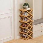 The 9-Tier No-Assembly Bamboo Rack, 2-9 Tier Folding Shoe Storage Rack, Space-Saving Organizer for Shoes, No Assembly Narrow Shoe Shelf for Entryway Closet Dorm (Natural, 6 Tier)