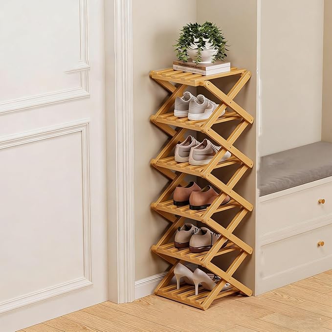 The 9-Tier No-Assembly Bamboo Rack, 2-9 Tier Folding Shoe Storage Rack, Space-Saving Organizer for Shoes, No Assembly Narrow Shoe Shelf for Entryway Closet Dorm (Natural, 6 Tier)