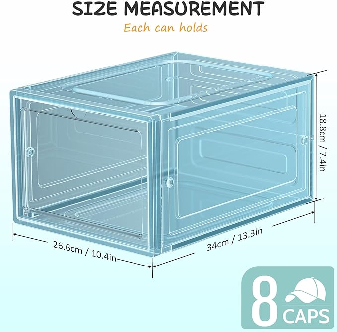 6 Pack Hat Organizer Box, Stackable Clear Baseball Caps Holder Box Containers with Magnetic Door for Hats Snapback Cap Storag, Hat Rack Display Case, Holds 8 Hats Each (Blue)