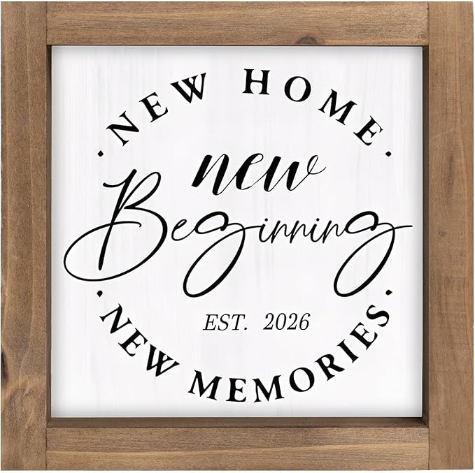 Wooden New Home New Beginnings New Memories Sign, 2026 House Warming Gifts Ideas for Homeowner, Apartment Housewarming Decorations for Indoor Table Shelf Wall Art Tiered Tray Mantel Entryway