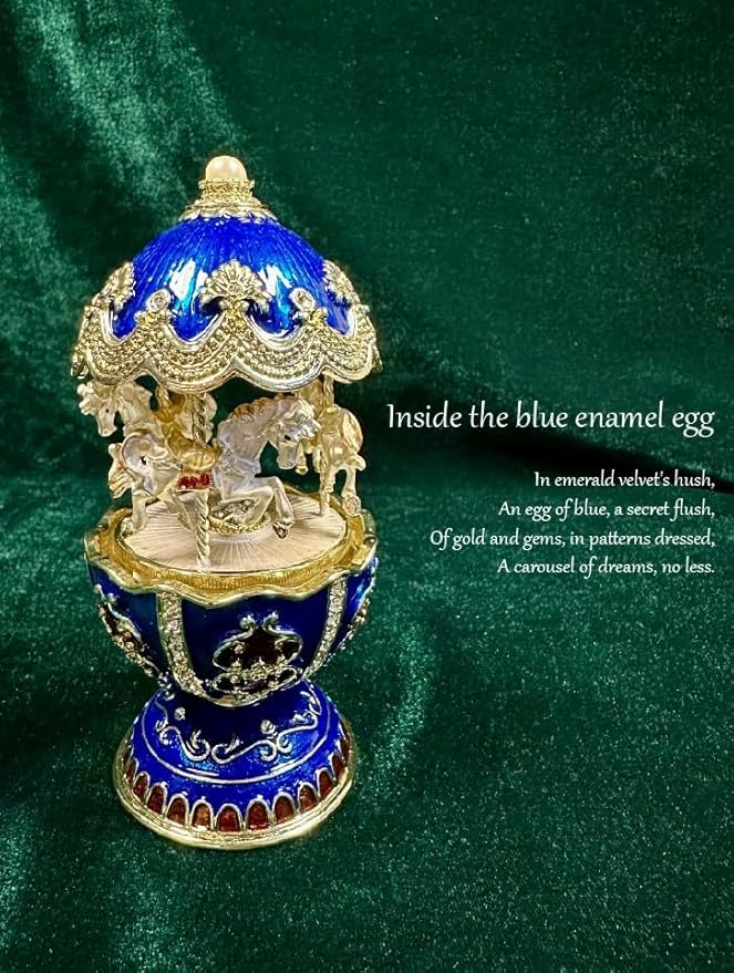 Gilded Blue Carousel Music Box, Rotating Horse Christmas Tune Jewelry Box, Enameled Trinket Keepsake with Gold Accents