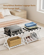 Luggage Racks, Set of 2 Folding Luggage Rack for Guest Room, Bamboo Suitcase Stands with Nylon Straps, X-Shape Heavy Duty Luggage Holder, Suitcase Holder for Guest Room, Hotel, Bedroom, White
