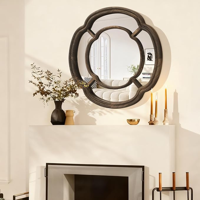 Irregular Wall Mirror, Large Round Wavy Hanging Mirror Circle Wooden Framed Decorative Mirrors 20 Inch for Living Room Hallway Entryway Decor Mirrors