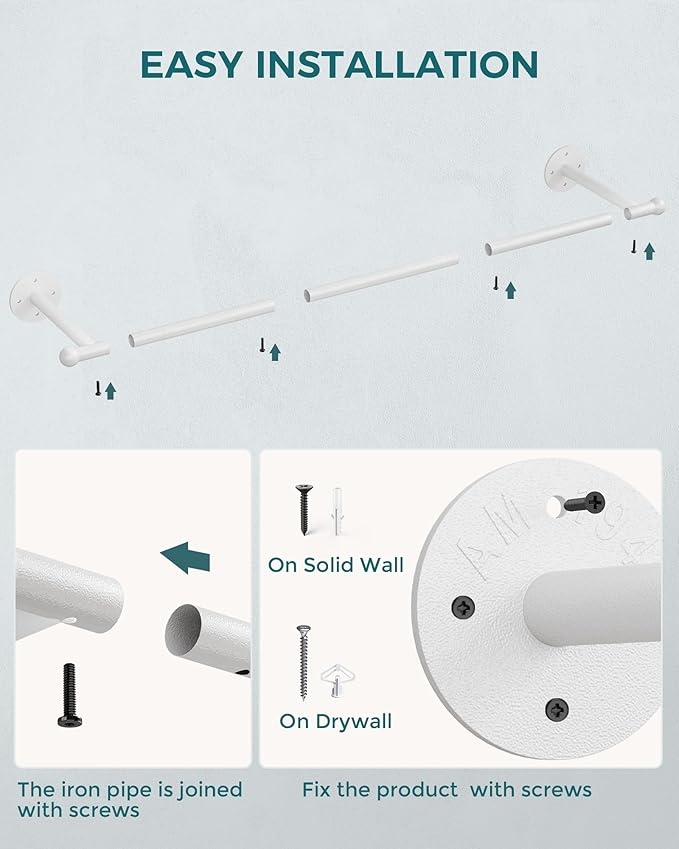 OROPY Industrial Pipe Clothing Rack Set of 2, Wall Mounted Clothes Rack, Closet Rods For Hanging Clothes, 33" Multi-purpose Hanging Rod for Laundry Room, Bedroom and Closet Storage, White