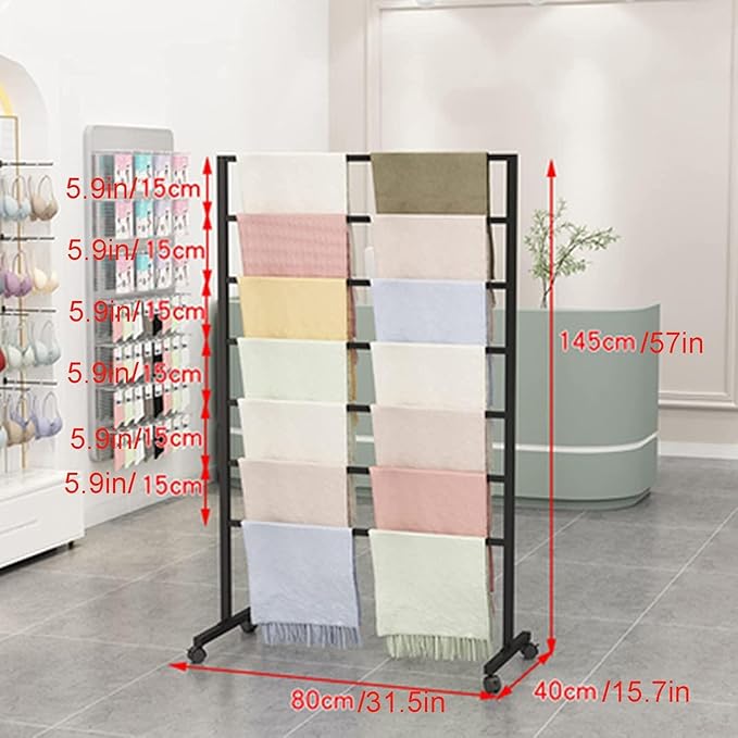 Metal Scarf Display Stand with 360 Swivel Caster Wheels, Movable Freestanding Scarf Floor Standing Display Rack, Belt Shawl Hijab Organizer for Boutique Display, Commercial Home