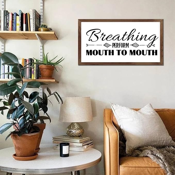 Family Lettering 12x22in Wood Framed Sign with Encouragement Quote Breathing Perform Mouth to Mouth Apricot Frame Wooden Plaque Housewarming Gift for Cottage Office Farmhouse Porch Wall Decor