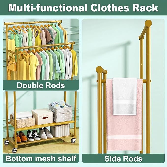 Double Rods Clothes Rack for Hanging Clothes, Heavy Duty Rolling Clothing Rack with Wheels, Freestanding Garment Racks with Oxford Bottom Shelf and Mesh Bottom Shelf for Bedroom Laundry Living Room