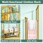 Double Rods Clothes Rack for Hanging Clothes, Heavy Duty Rolling Clothing Rack with Wheels, Freestanding Garment Racks with Oxford Bottom Shelf and Mesh Bottom Shelf for Bedroom Laundry Living Room