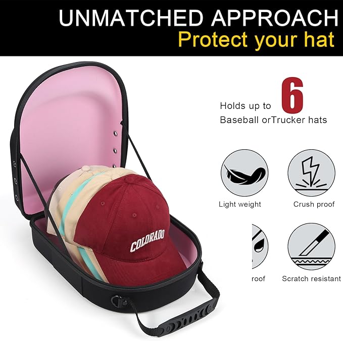 Hard baseball hat case, Hat Carrier Travel Case with Adjustable Shoulder Strap, Hat cap case for 6 Baseball Caps - Perfect for Traveling & At-Home Storage (Black with Pink)