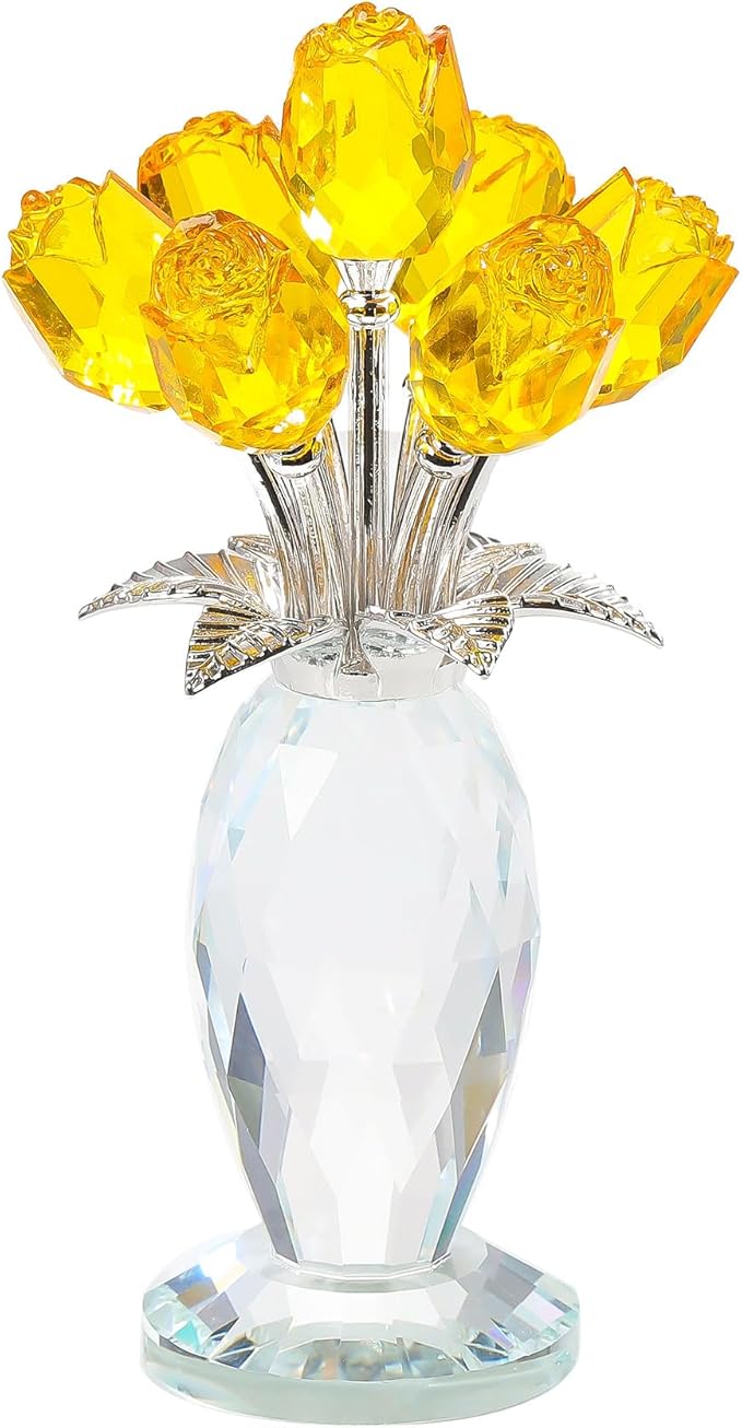 Movdyka Crystal Yellow Rose Flower Figurine with Vase Handmade Romantic Glass Rose for Wife Mom on Birthday Christmas Wedding Home Decorations