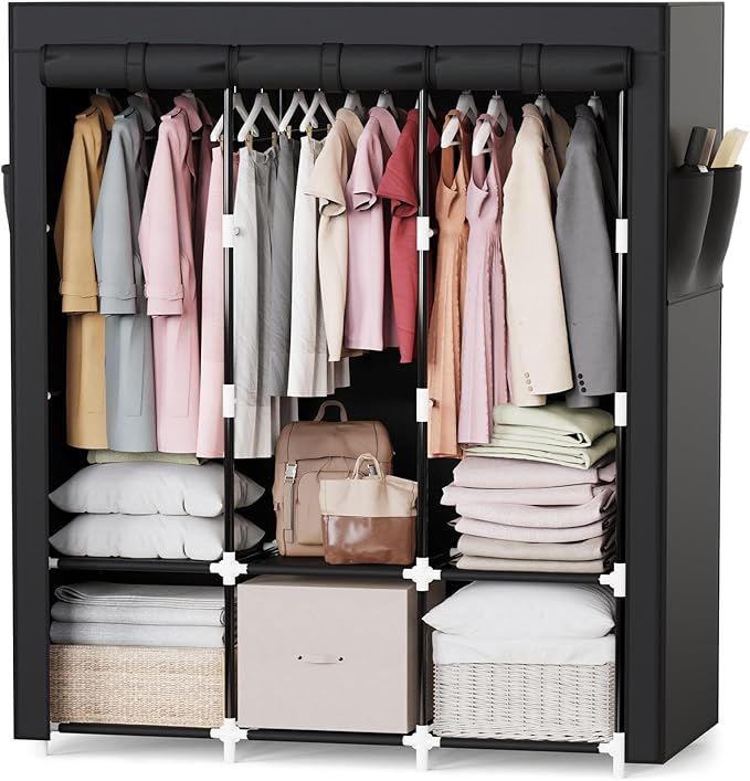 Mavivegue Portable Closet, 50 Inch Wardrobe Closet, Portable Closets for Hanging Clothes with 3 Hanging Rods and 6 Storage Shelves for Bedroom, Black