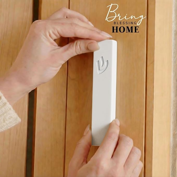 Mezuzah SURI for Door – 5 Inch White Concrete Mezuzah Case with Printed Scroll, Self-Stick Jewish Entry Design, Fits a 4 Inch Scroll, Gift Box Included
