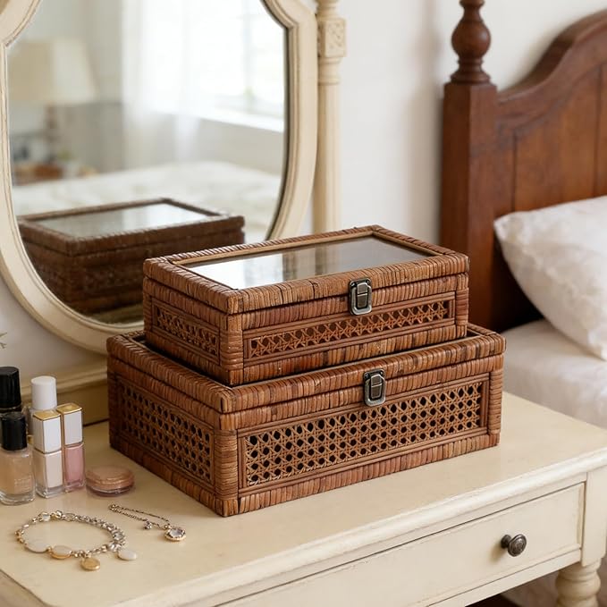 DECOR4SEASON Rattan and Cane Stacking Boxes with Glass Top Lid - Set of 2 11.8" and 14.1", for Boho and Rustic Farmhouse Decor, Brown