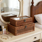 DECOR4SEASON Rattan and Cane Stacking Boxes with Glass Top Lid - Set of 2 11.8" and 14.1", for Boho and Rustic Farmhouse Decor, Brown