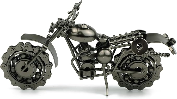 TRANSGOOD Handmade Motorcycle Model with Rolling Wheels, 9" Vintage Steampunk Bike Sculpture, Heavy-Duty Iron Desk Decor, Unique Biker Gift for Dad Husband, Industrial Man Cave Office Home Art (B03)