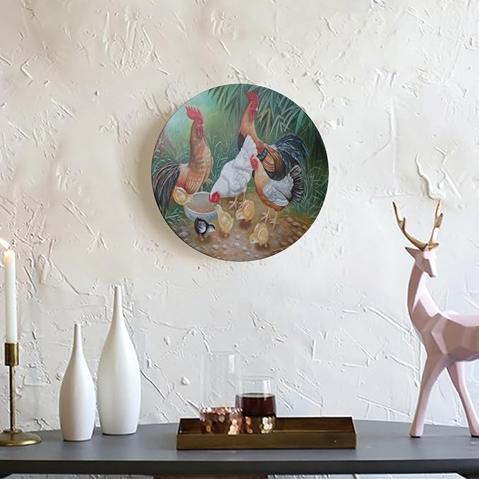 Rooster Decorative Plate Stand, 10 Inch, Rooster Hen Chicks Foraging Round Display Plate, Table Top Plate Decor with Stand, for Wall Hanging Living Room Bathroom Decor Gift