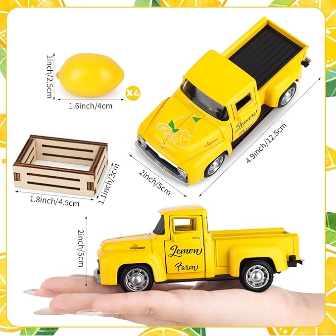 Lemon Metal Truck Lemon Home Kitchen Decorations with 4 Pcs Plastic Lemons Vintage Farmhouse Tabletop Tiered Tray Decor for Summer Home Kitchen Mantel Shelf Bookshelf Mini Truck Decorations